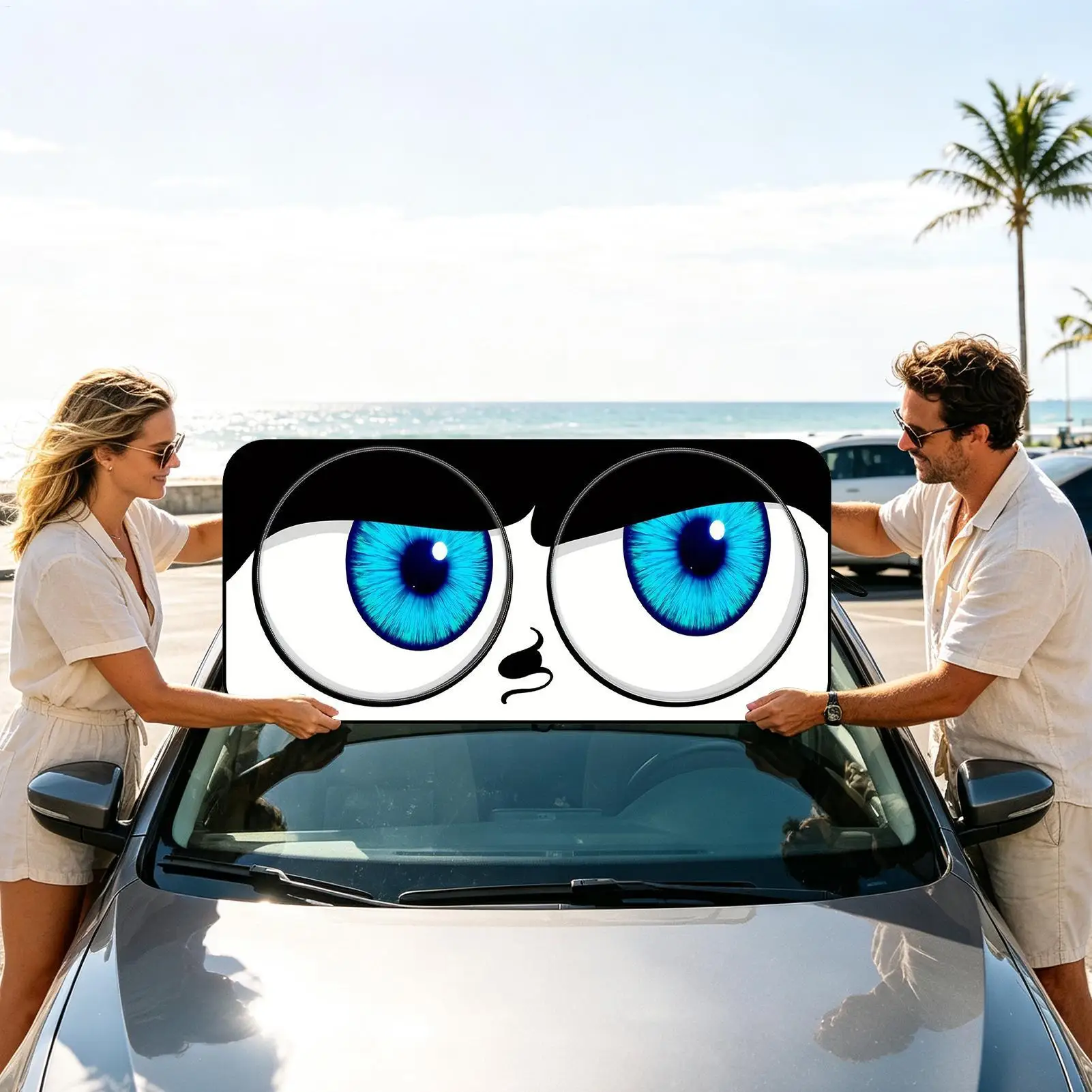 Windshield Sun Shade Funny Big Eye Thickened Universal Foldable Car Window Shades Sun Screen For Vehicle SUV RV Sedan Pickup Van