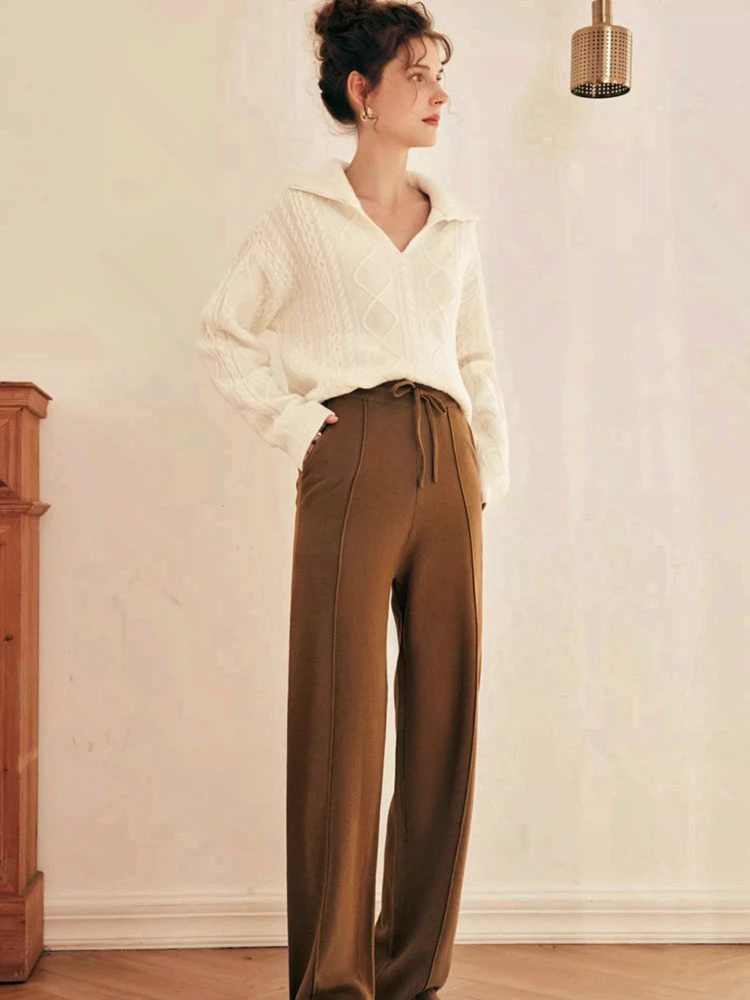 OLrain Casual Long Pants Women's Autumn 2025 New Loose Wide-leg Trousers Pockets High-waisted Drawstring Warm Pants O22QK00321