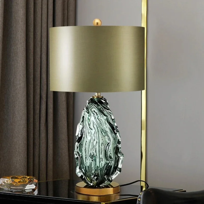Modern Swirl Art Glass Table Lamp Taupe Fabric Shade Unique Textured Desk Light Bedroom Living Room Interior Decor