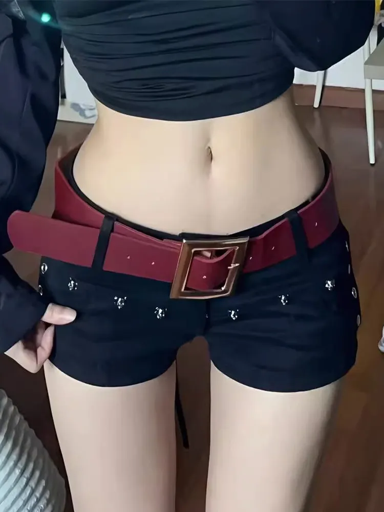 American style Vibe retro tight rivet strap design with a black denim shorts feel