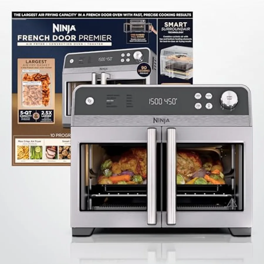 

Фритюрница-духовка French Door Premier Air Fry 10-в-1 с объемом 20,3 кварты, отделка из нержавеющей стали, антипригарное покрытие без ПФАС, можно мыть в посудомоечной машине