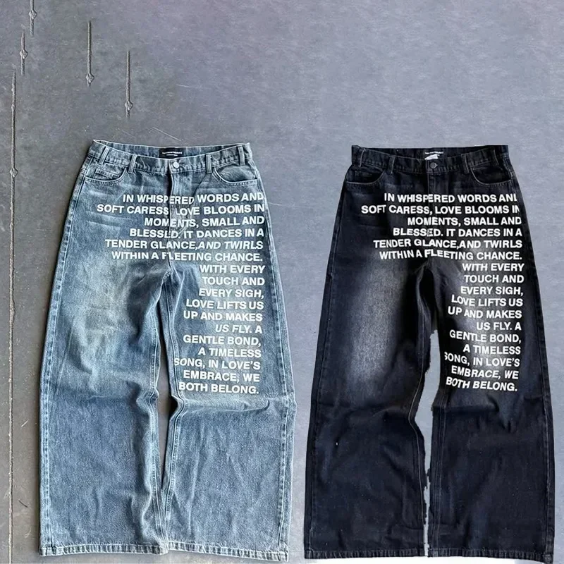 New American Retro Patterned Alphabet Men Jeans Personalized Street Clothing Y2K Goth Men And Women Fashion Casual Baggy Jeans