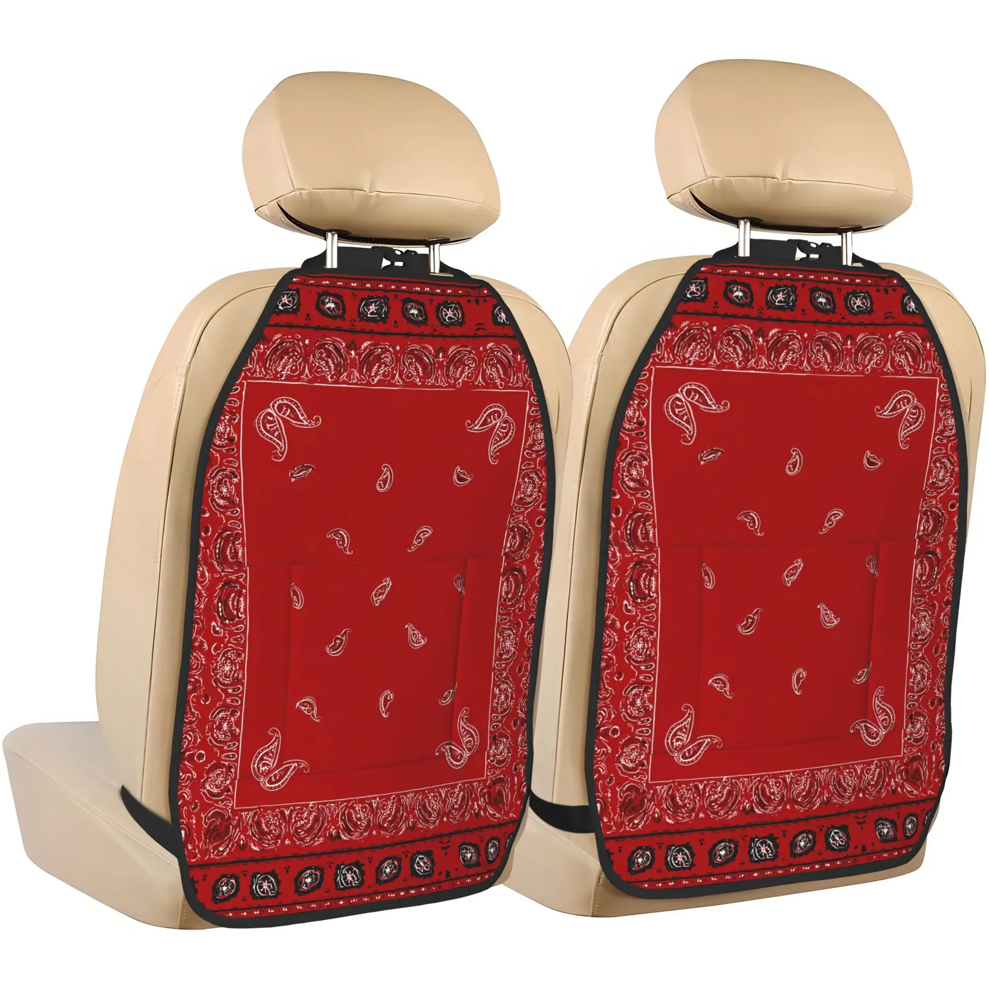 2pcs Vintage Red Bandana With White Paisley Patterns And Intricate Border Design Car Seat Anti Kick Pad, Seat Storage Anti Kick