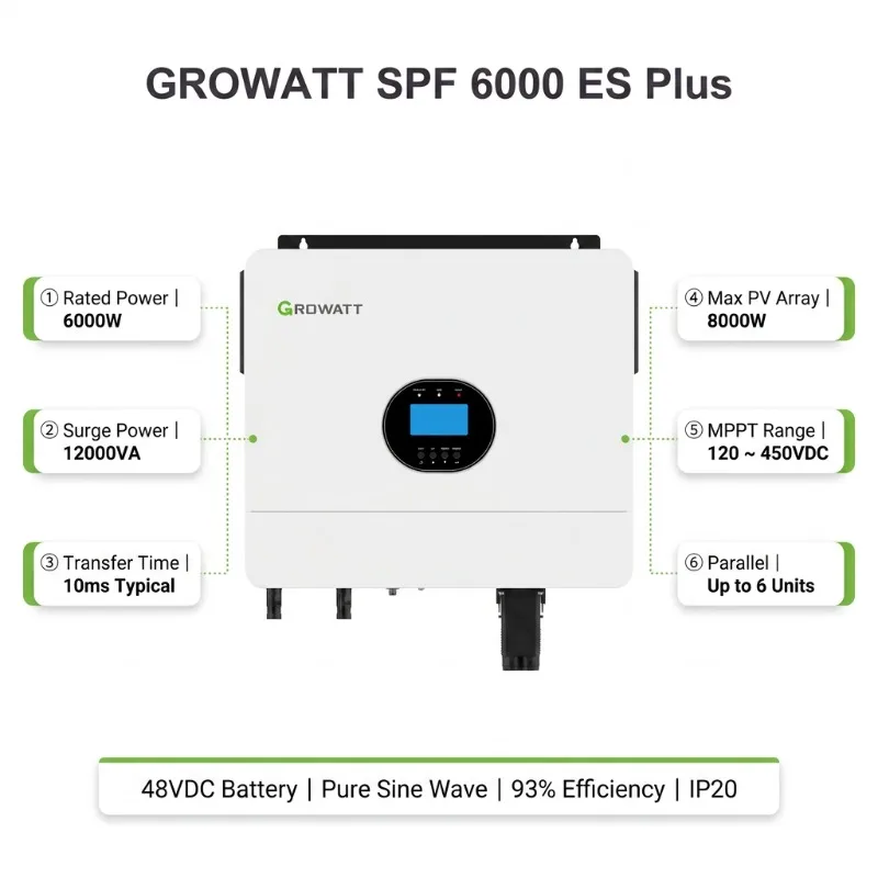 SPF 6000ES Plus 6kW Off Grid Single Three Phase Hybrid Inverter Lithium Battery Home Energy Storage