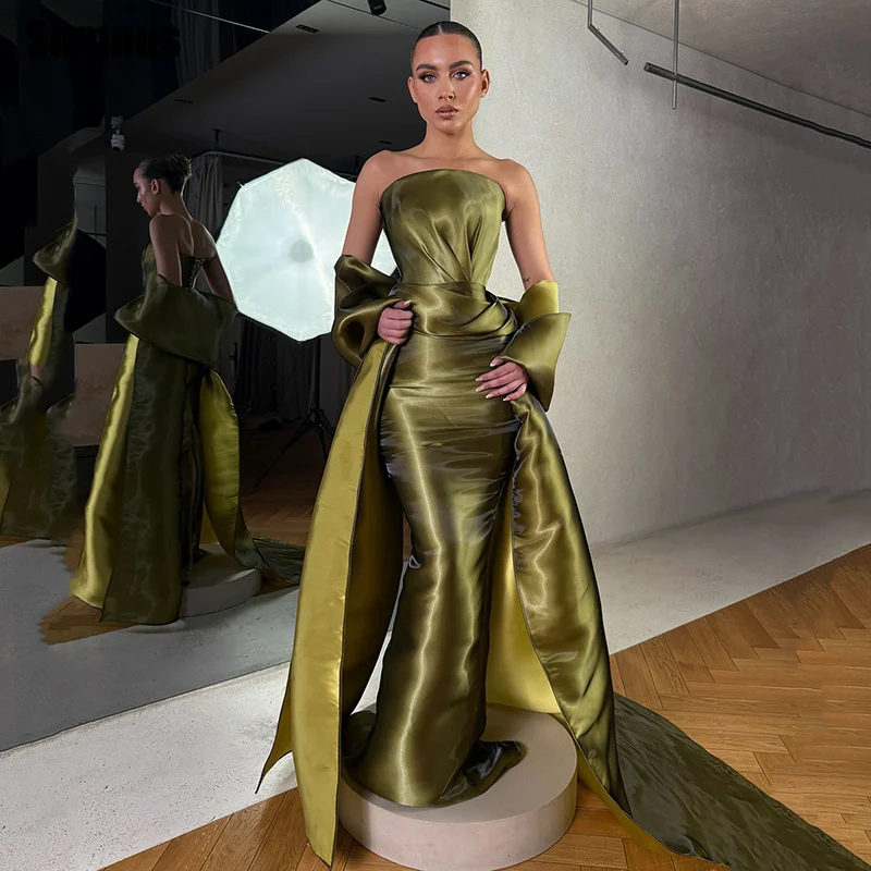 Sumnus Elegant Mermaid Evening Dresses Satin Strapless Olive Green Pleats Formal Dresses Train  فساتين سهرة Customized