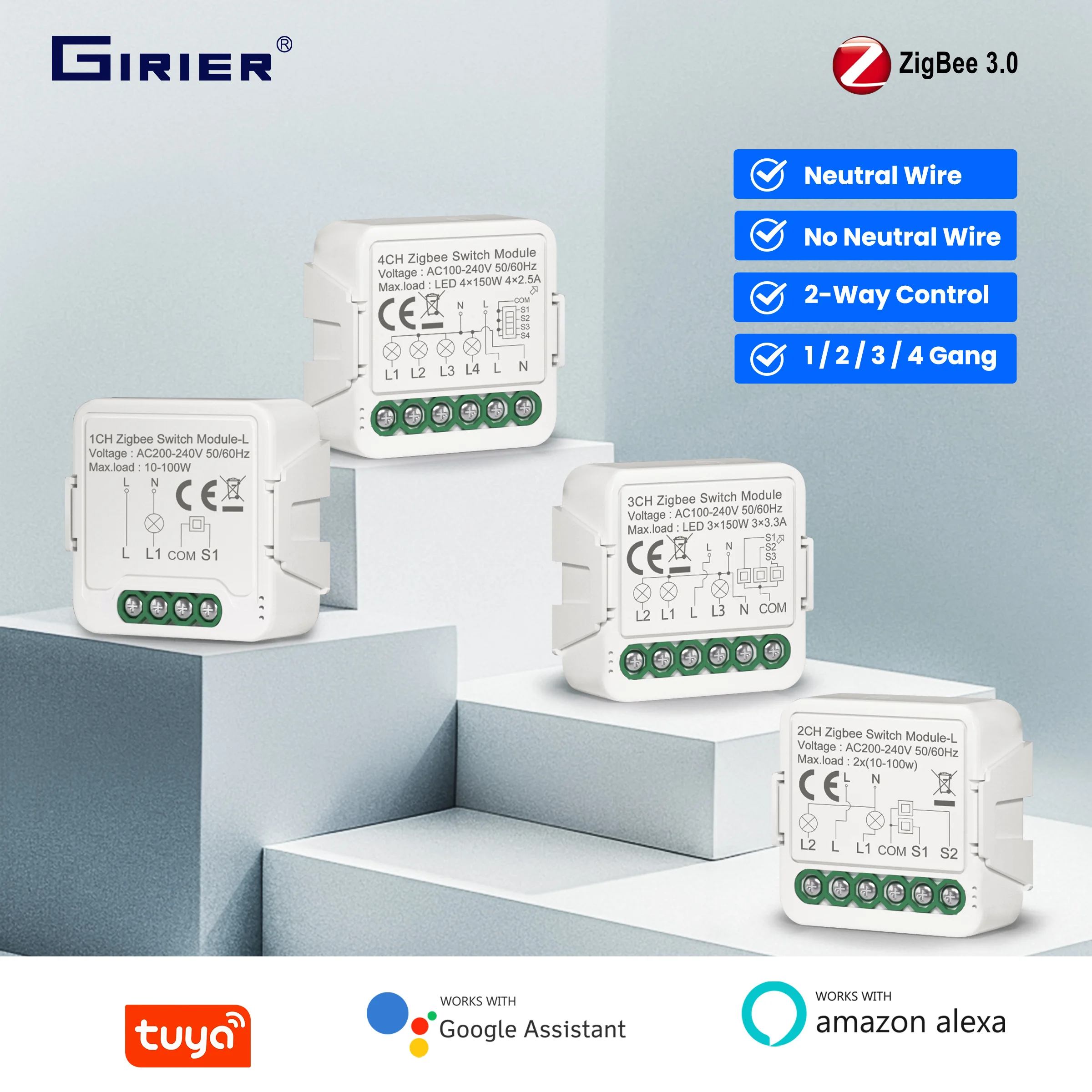 GIRIER Tuya ZigBee Smart Switch Module No Neutral/Neutral Wire Required Smart DIY Light Breaker Supports Two-way Control Alexa