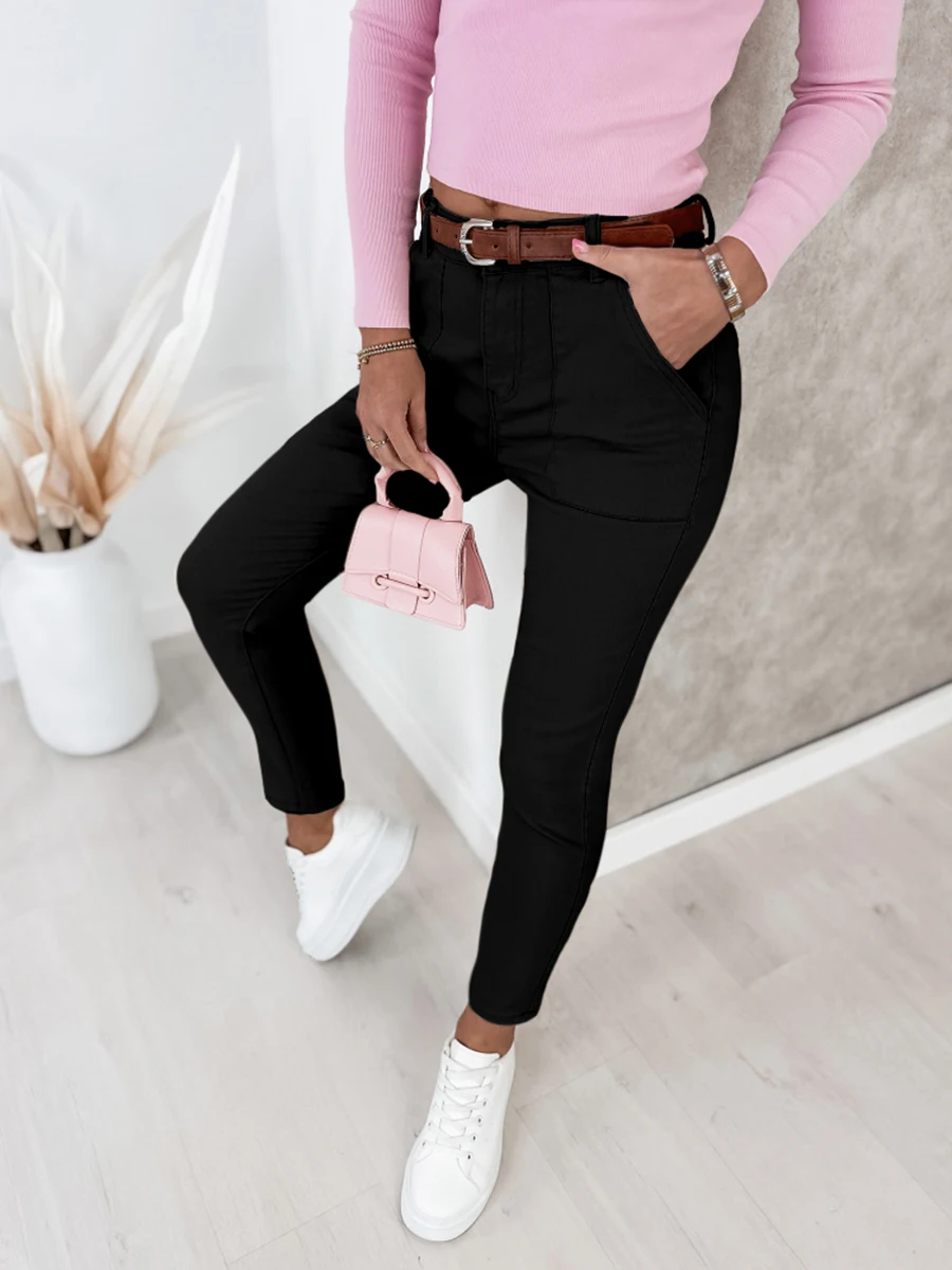 Damen High-Waist Schwarze Hose, Lässige Schmale Skinny Bleistifthose, Modische Stretch-Hose mit Taschen, Streetwear für Frühling und Herbst, Damen-Unterhose – Detail 1