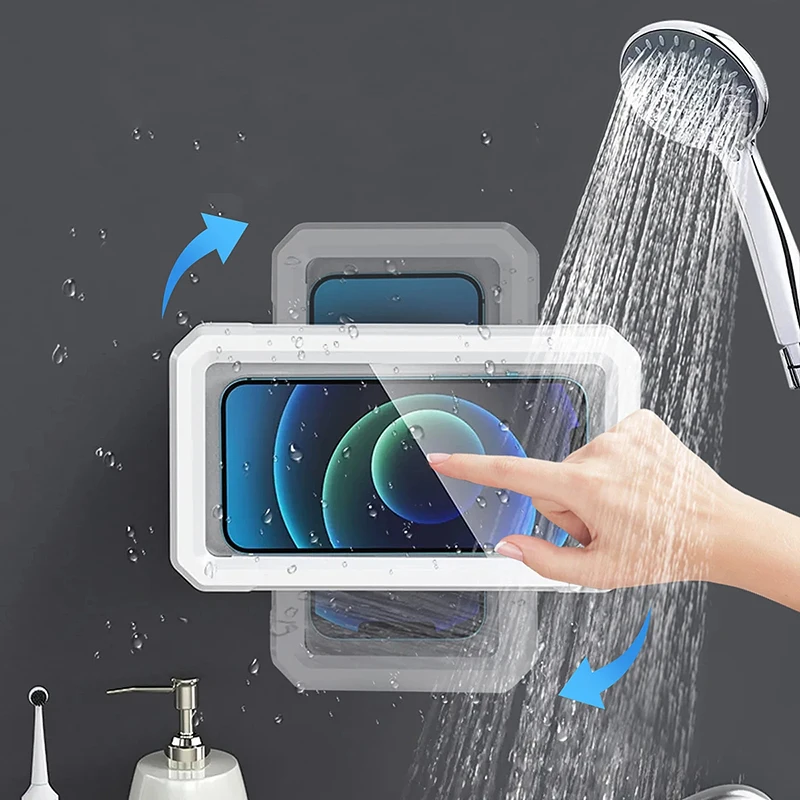 Bathroom Waterproof Phone Holder Home Wall Case Stand Box Self-adhesive Touch Screen Bracket Shower Sealing 360 Degree Rotation