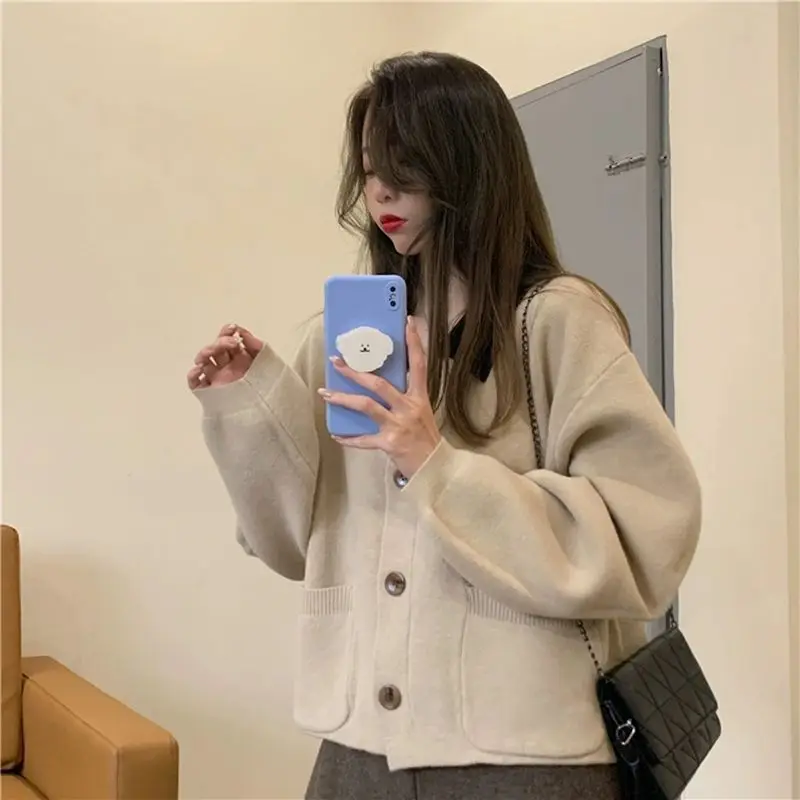 Trendy Korean personalized simple lapel knitted cardigan women 2024 spring autumn new loose lazy style high-end sweater jacket