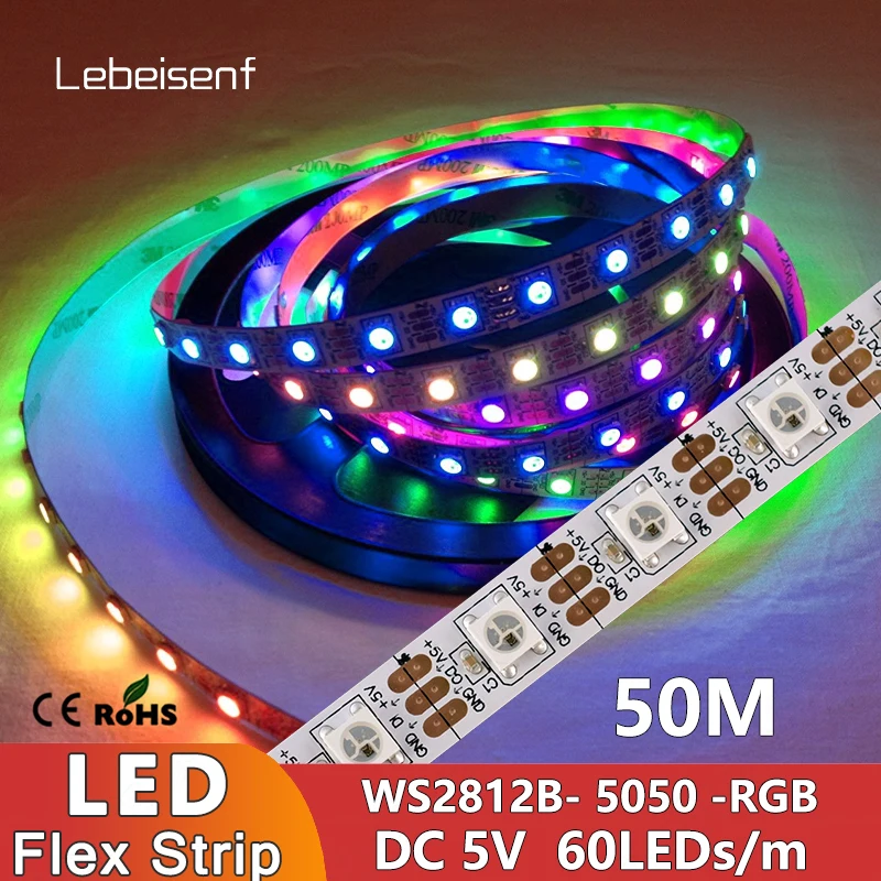 

5M/10Roll WS2812B DC 5V Addressable Pixel Digital RGB LED Strip SMD 5050 Smart Built-in IC Black White PCB Waterproof Light Bar