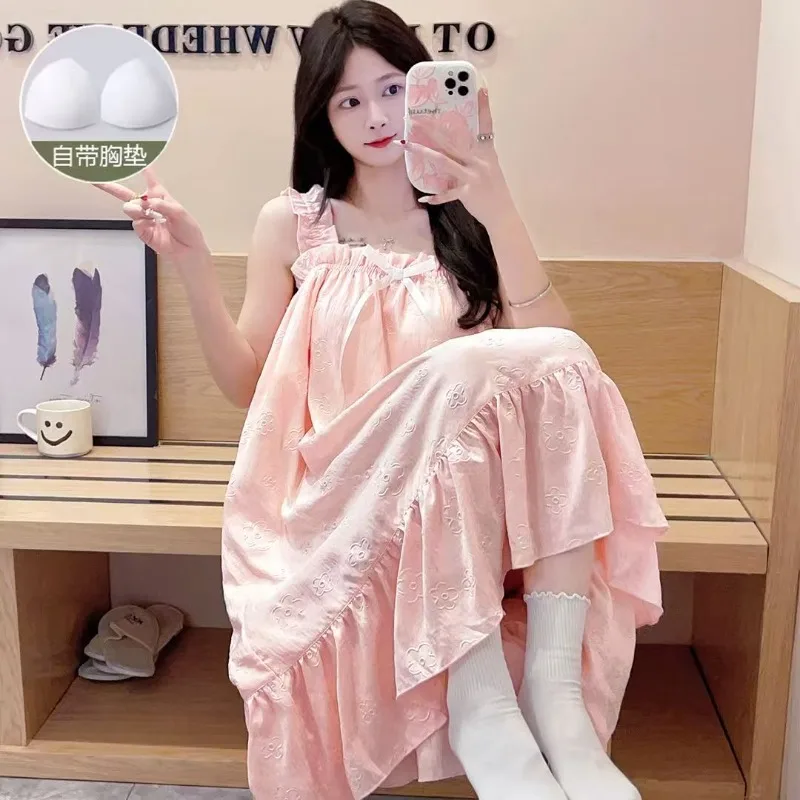 New cloud cotton with chest pad pajamas women's summer pajamas suspender embossed loose casual loungewear can be worn outside