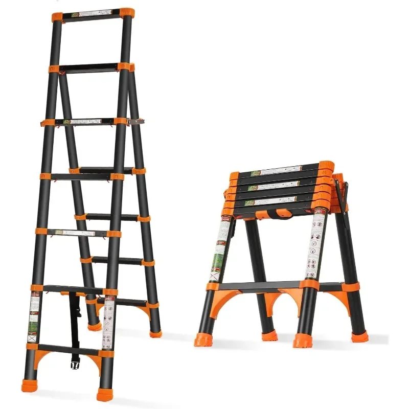 Telescoping Ladder, A-Frame Aluminum Telescopic Ladder with 1-Button Retraction, Portable Extension Ladder Adjustable