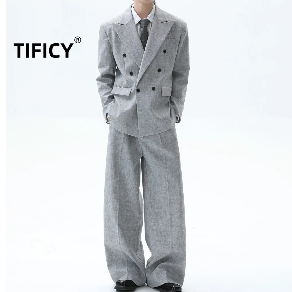 

Комплект костюма, винтажный пиджак с v-образным вырезом, мужской классический текстурный пиджак, свободные брюки, повседневные брюки, элитная осень