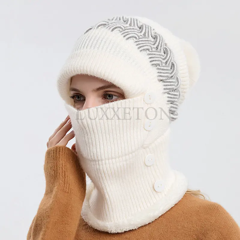 Winter Warm Knitted Beanies Thick Fleece Hats Pullovers Masked Hats for Women Windproof Caps with Scarf Outdoor Cycling