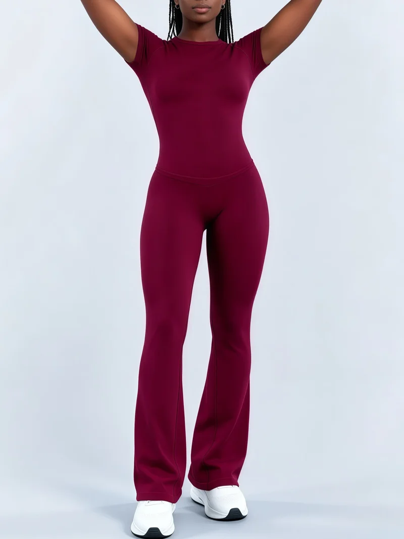 2-teiliges HISTELLO Yoga-Set für Damen, nahtlos, Fitness, kurzärmelig, Top, Gym, Po-Lifting, Flares-Leggings, körperformend, Workout, Sportanzug – Detail 7