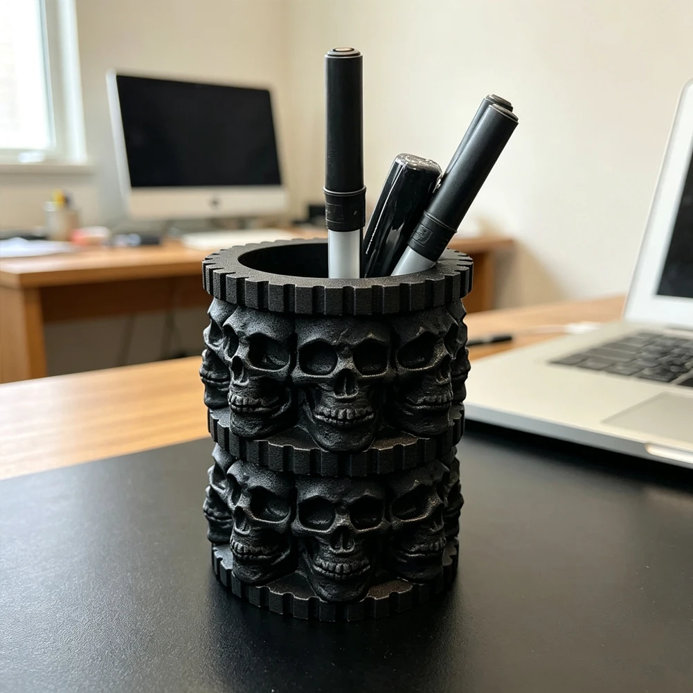 Gothic Skull Pen Holder 3D Printed Skeleton Desk Pencil Rack Vintage Stationery Organizer Pot Unique Decor Office Halloween Gift