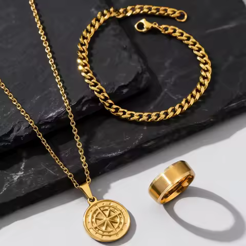 3pcs Classic Compass Necklace Set Gift for Men,Silver Gold Color Stainless Steel Bracelet Ring,Simple Jewelry Set