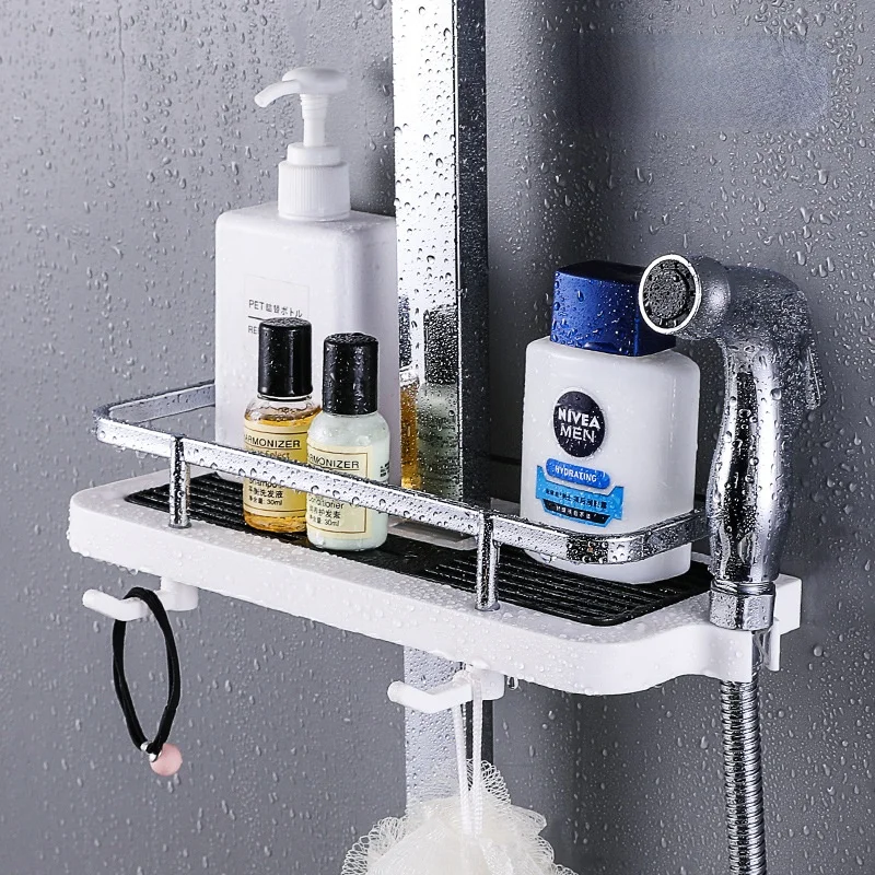 Black Shower Shampoo Tray Shower Shelf Bracket Column Storage Rack Single-layer Bathroom Shelf with Shower Head Bracket