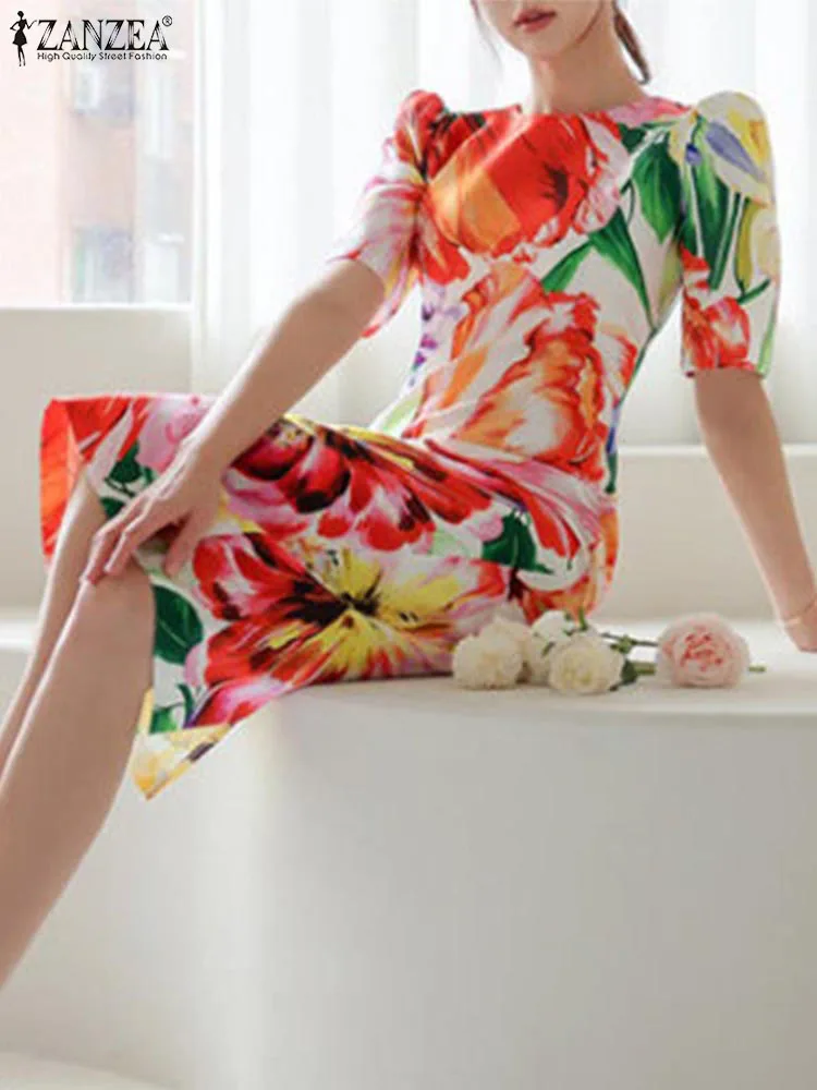 ZANZEA Women Short Puff Sleeve Sundress Bohemian Floral Print Midi Dresses Sexy Round Neck Holiday Waisted Slim Robe Oversized