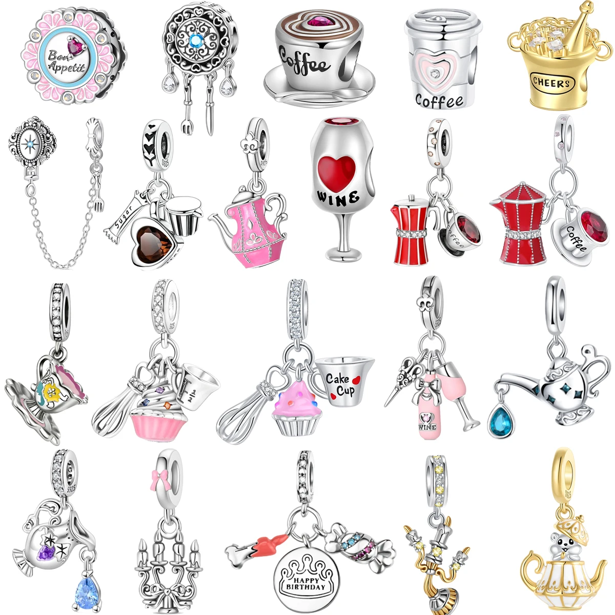 Original 925 Sterling Silver Charms Tableware Candle Coffee Cup Wine Glass Beads Pendants Fit Bracelet Necklace DIY Jewelry Gift