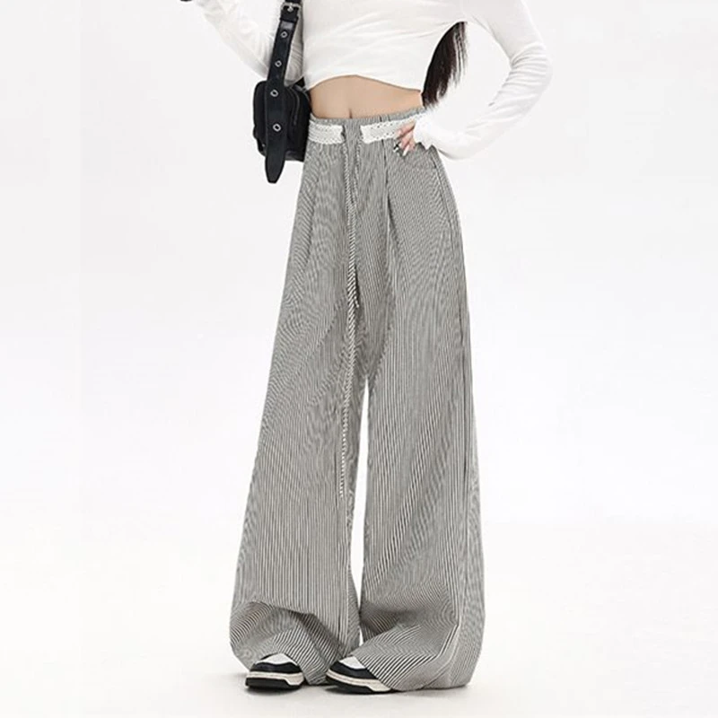 FINEWORDS Vintage Casual High Waist Elegant Office Pants Women Loose OL Work Striped Pant Easymatch Full Length Wide Leg Pants