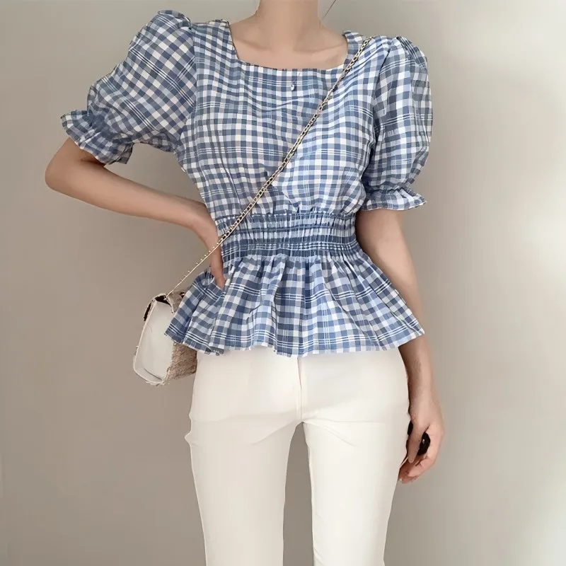 CGC-camisas a cuadros Vintage para mujer, blusas elegantes con mangas abullonadas y cuello cuadrado, Tops informales ajustados, ropa para primavera y otoño 2025