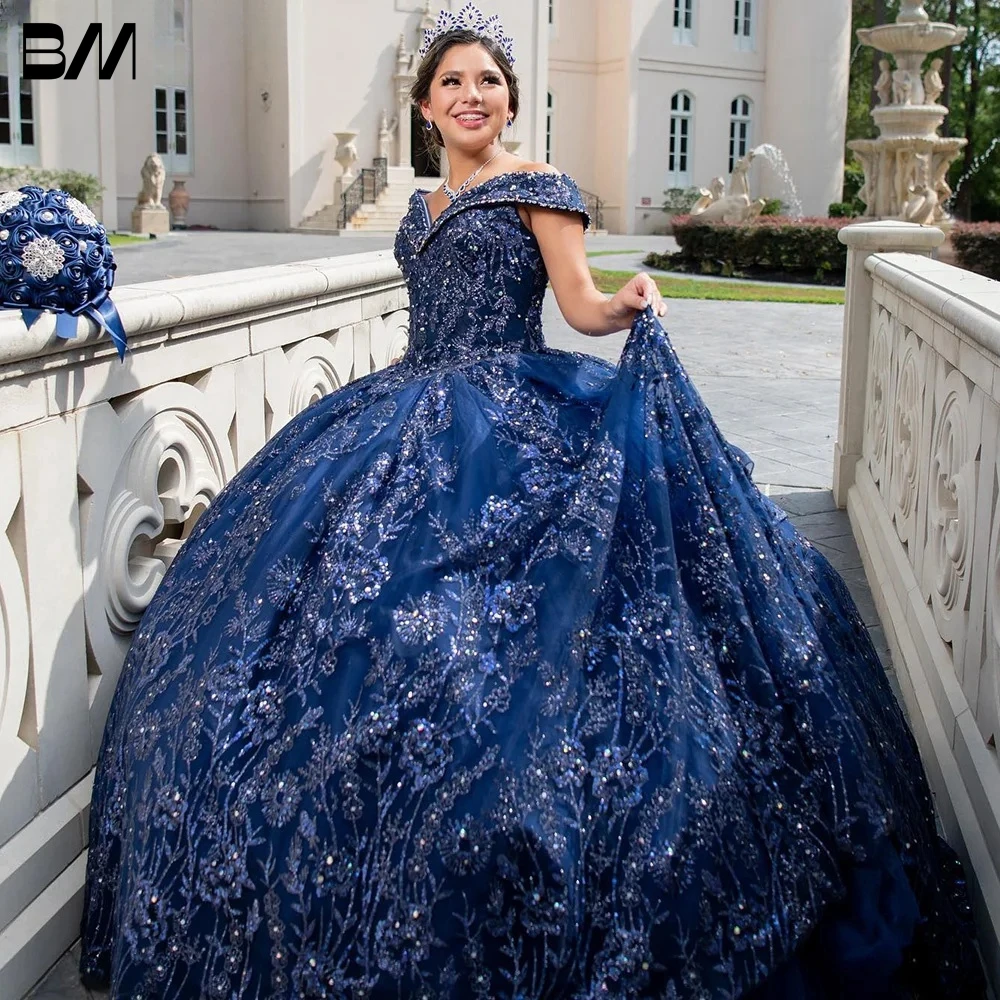 Gaun pengantin Glitter biru tua gaun dansa manik-manik applique gaun pengantin gaun pesta panjang lantai gaun pengantin Vestidos De Novia