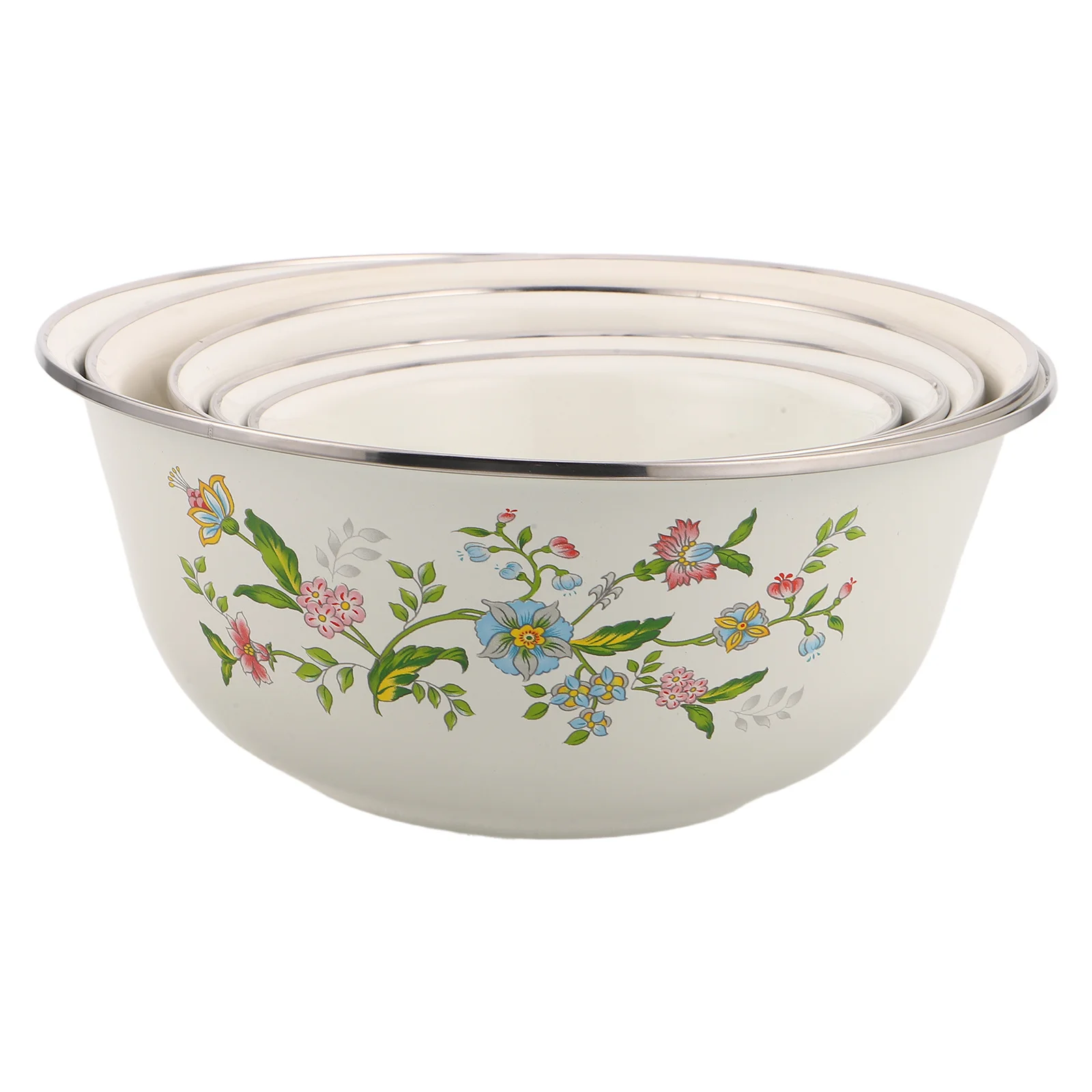 

5Pcs Round Enamel Bowl Set 14 16 18 20 22Cm Lightweight Vintage Enameled Bowls for Fruit Serving Storage Mixing Kitchen Table