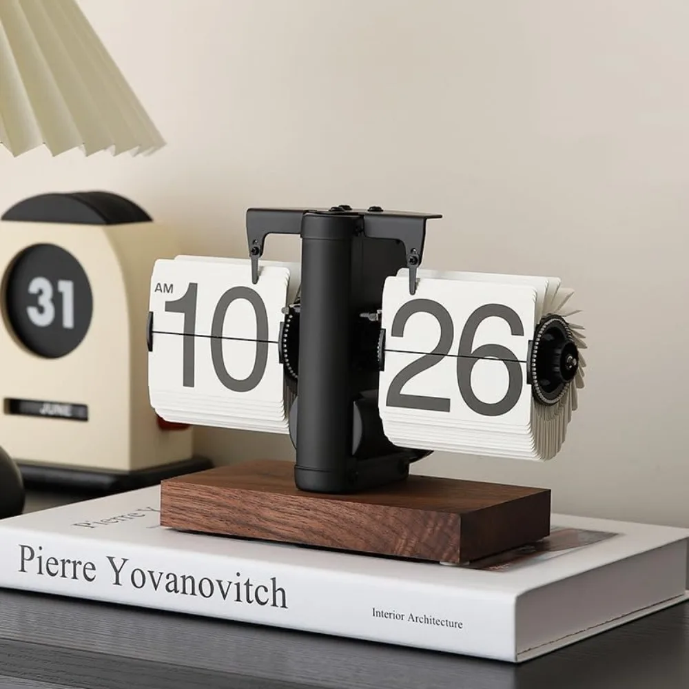 

Flip Desk Clock, Retro Vintage Desk Table Clock, Digital Clock Sided Large Numbers Mechanical Clock Wood Base