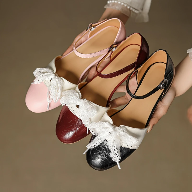 

Women's new summer genuine leather cowhide round head bow, loose grip, low heel toe, Mueller shoes, fashion sandals