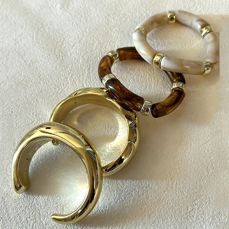 4pcs Vintage Minimalist Elegant Brown Resin Elastic Bangle Set Gold Color Smooth Open Bracelets For Women Daily Holiday Jewelry image 4