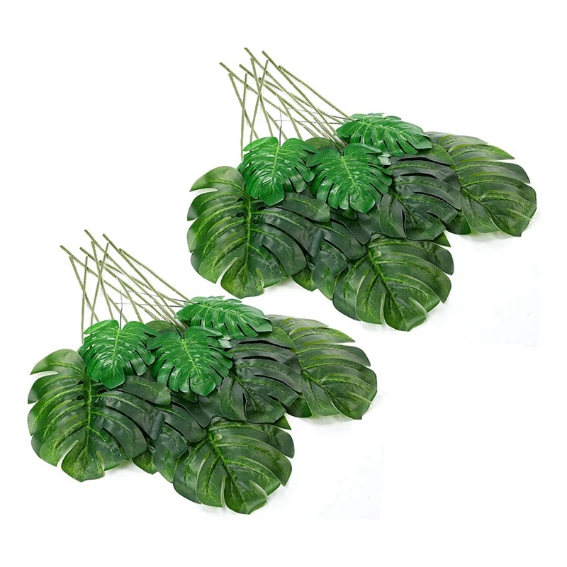 24PCS Artificial Palm Leaves With Stems Faux Turtle Leaf Uv Resistant Tropical Plants For Party Indoor Home Wedding