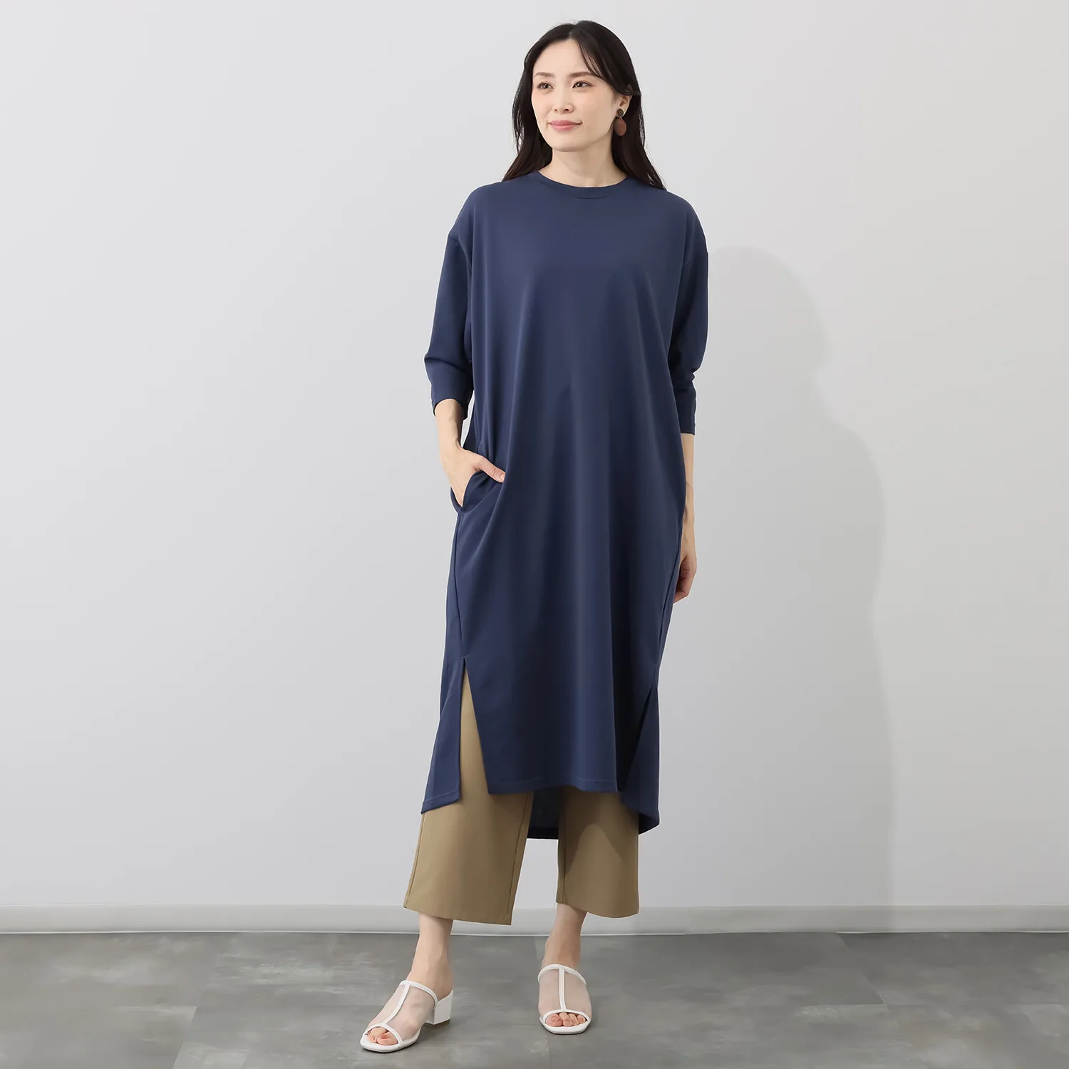 Elegant Loose Comfortable Thin Fleece Dress Overlap Cotton H-Line Ladies Summer Citywalk round Neck Nine Sleeve Length Dress