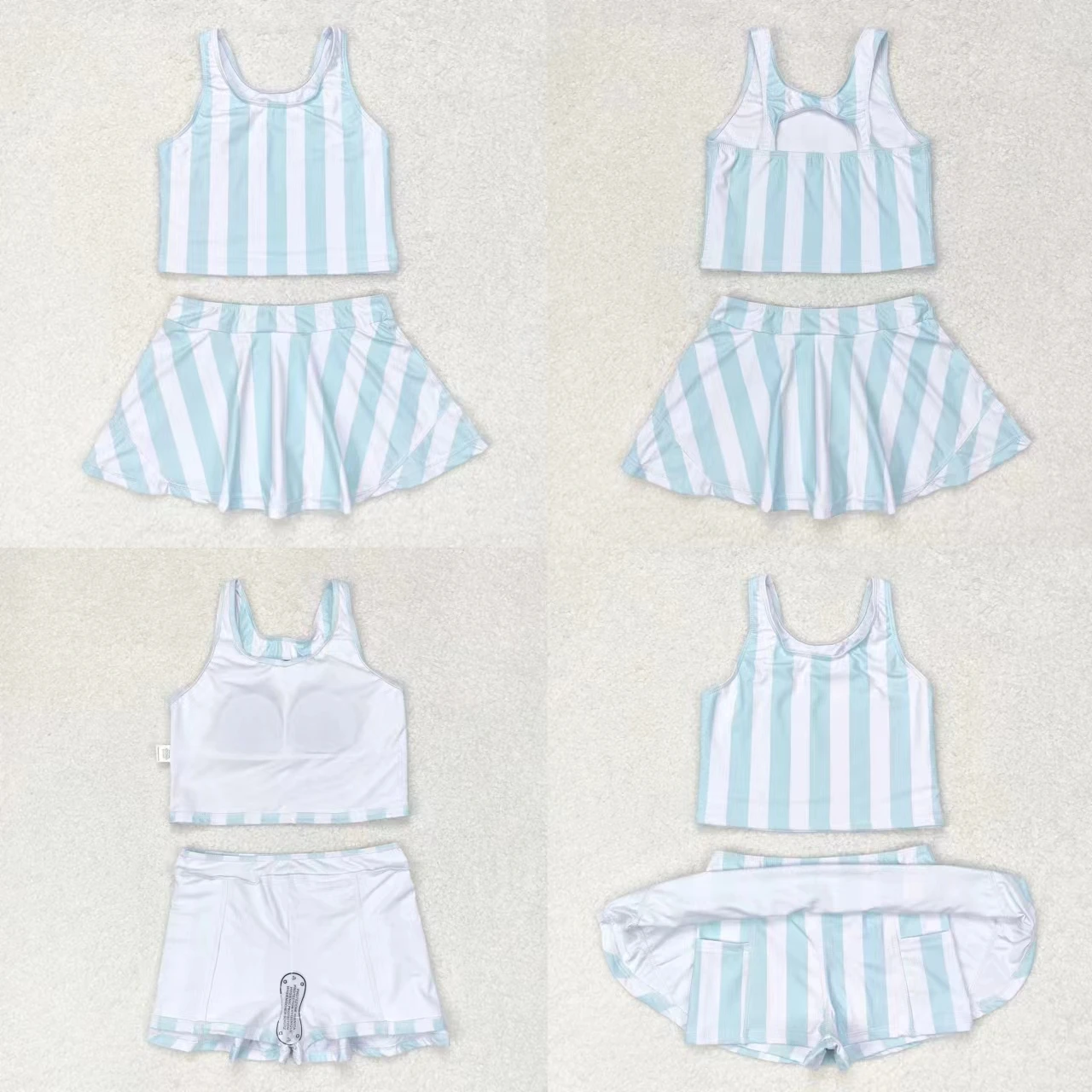 

Wholesale Baby Girl Swimwear Infant Toddler Blue Stripes Swimsuit Kids Pocket Shorts Skirt Summer Set Two Pieces Clothes