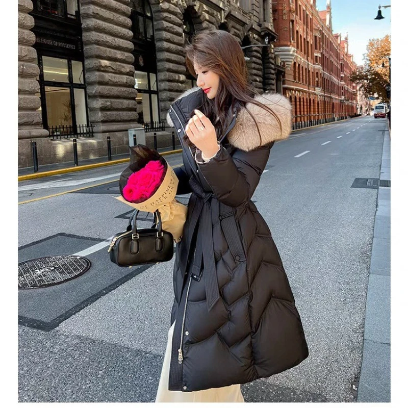 여성용 롱 다운 코트 폭스 퍼 칼라 패션 슬림 따뜻한 화이트 덕 페더 재킷