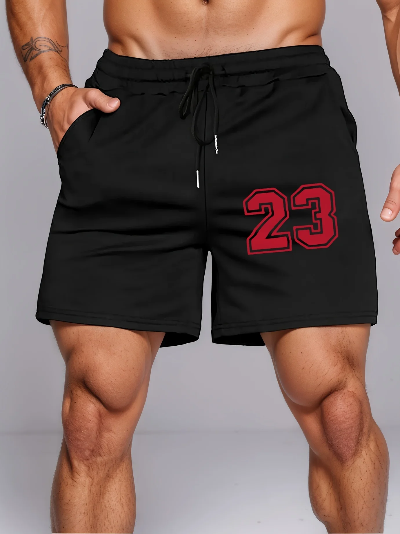Men's High-Street Graphic Athletic Shorts with Bold '23' Print - Lightweight Breathable Fabric, Regular Fit for Gym