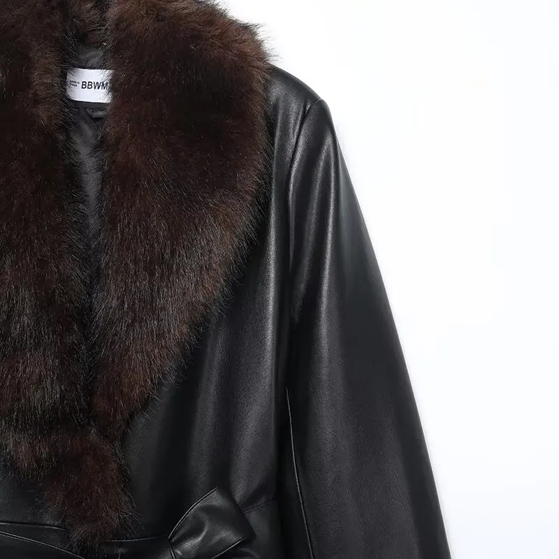 JNLEAOG الخريف جديد المرأة فو الفراء طوق انفصال معطف ملابس خارجية الجلود الاصطناعية تخفيف Sle فضفاضة تناسب طويلة Sve