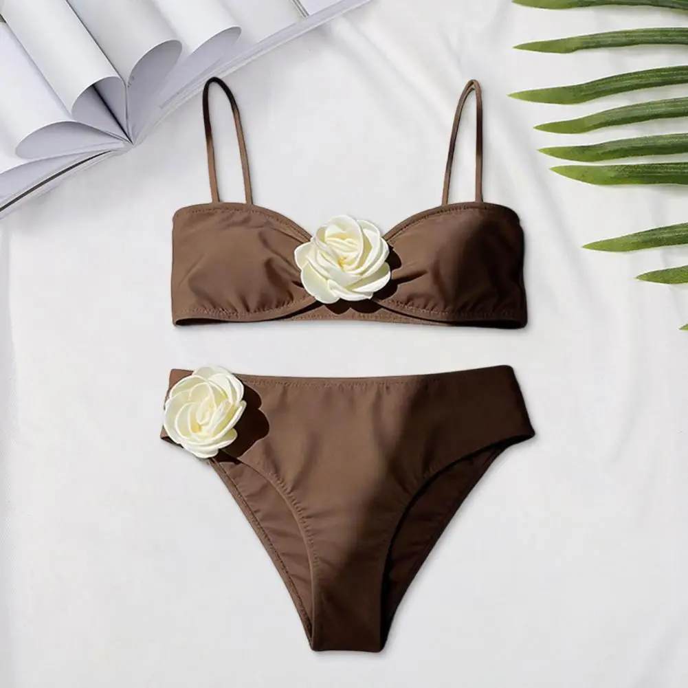 Traje de Baño de Tiras Cruzadas para Mujer, Conjunto de Bikini con Decoración de Flores 3D, Top de Tubo Sexy, Conjunto de Bikini con Braguita Triangular, Traje de Baño para Playa