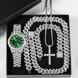 Iced Out 6PCS Bracelet+Chain+Watch High Quality Cuban Necklace Exquisite Hip Pop Bling Jewelry Style For Men Women Gift Party