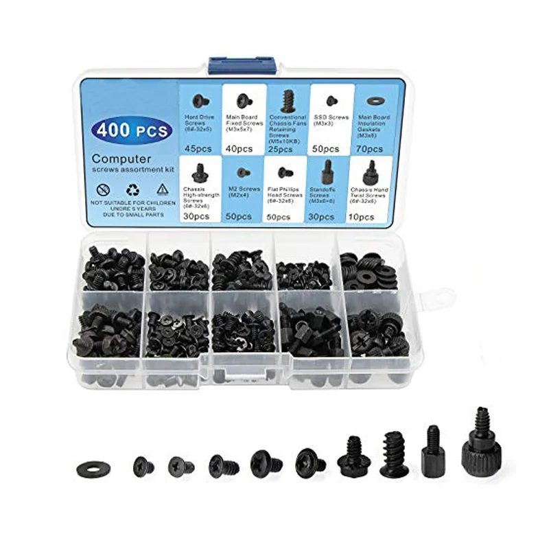 400-teiliges Mini-Computer-Schraubenbolzen-Set, schwarzes Reparaturschrauben-Set mit 10 Spezifikationen