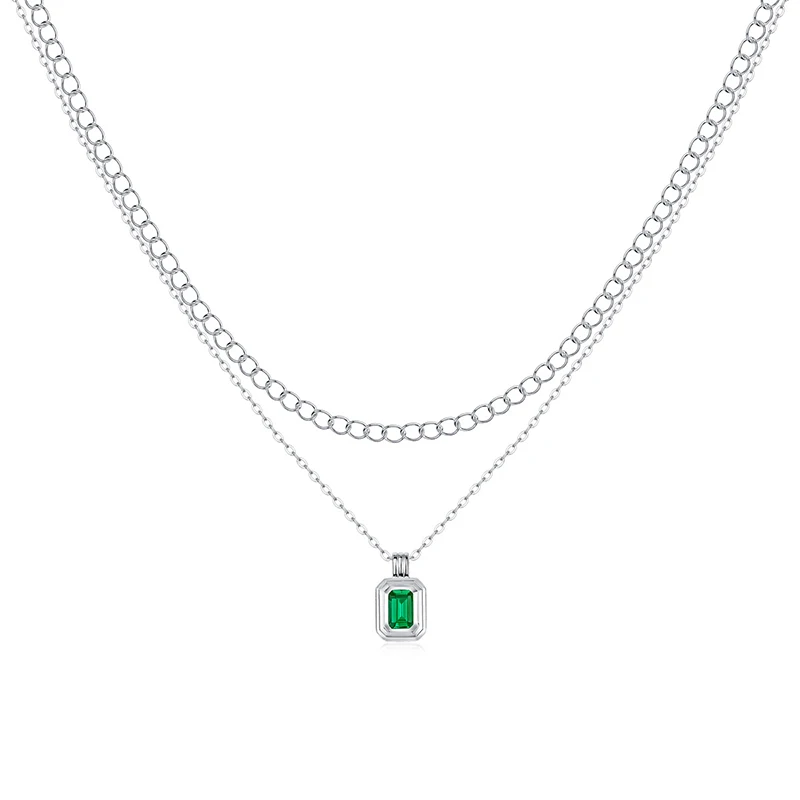 

New 925 Sterling Silver Double Chain Cultivate Emerald Square Pendant Necklace for Women Simplicity Wedding Jewelry Party Gift