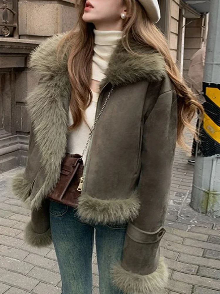 Winter Warm Faux Suede Leather Jacket Women High Street Irregular Biker Zipper Leather Jacket Streetwear Cropped Leather Coat