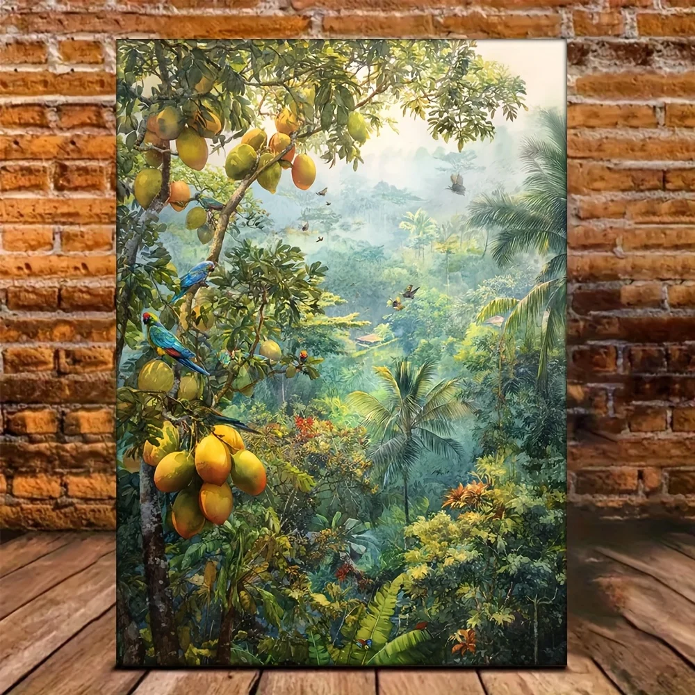 (No frame)Watercolor of Rainforest with Parakeets and Fruit Trees, Flocks of Birds Feeding on Mangoes and Papayas12x16 Inch 2