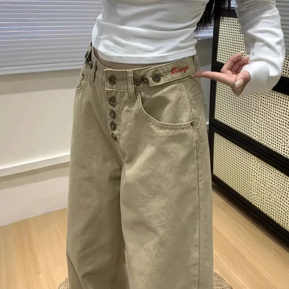 2026 Autumn Women Adjustable Side Button Wide Leg Jeans Khaki High Waist Loose Casual Floor‑Length Denim Long Trousers
