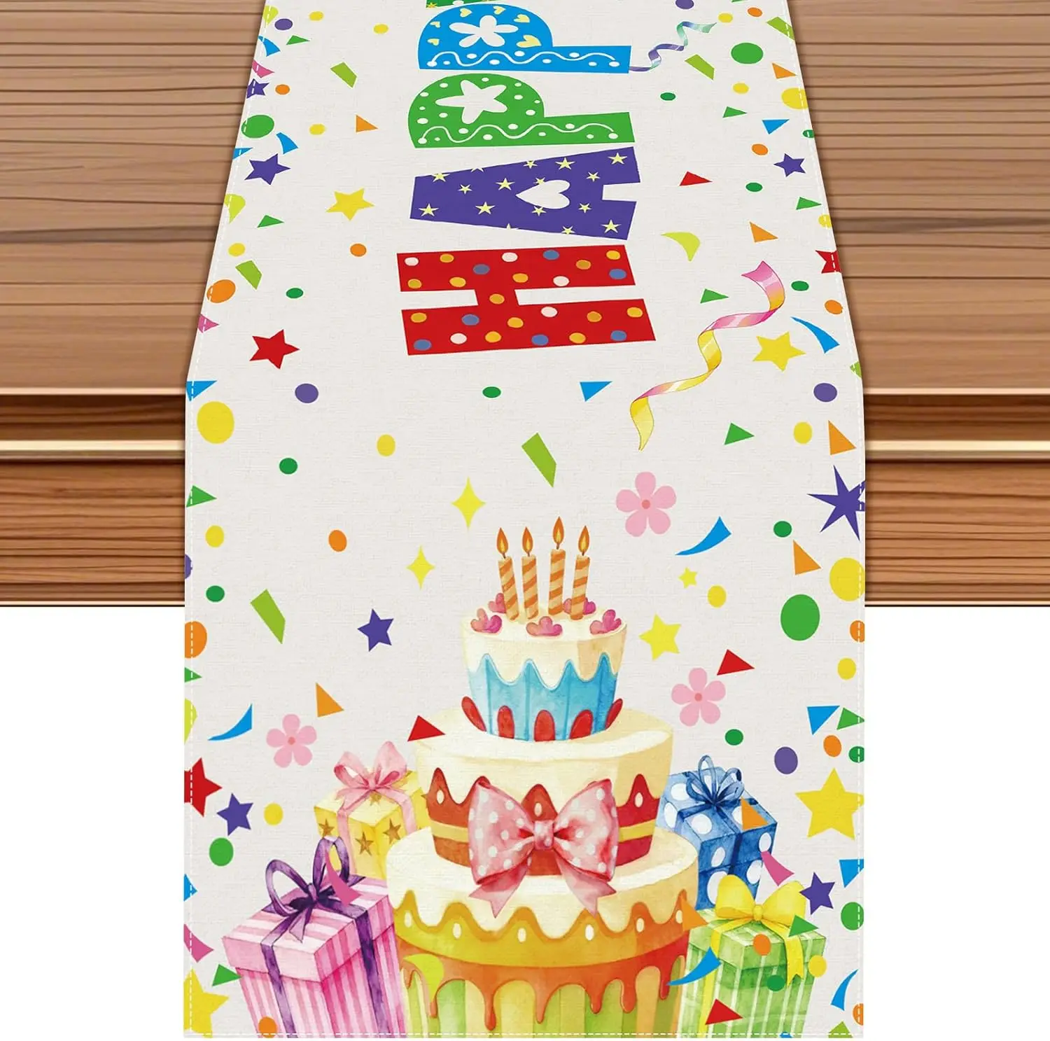 Happy Birthday Linen Table Runner Table Decor Colorful Cake Gift Confetti Kitchen Dining Table Runners Birthday Party Decoration