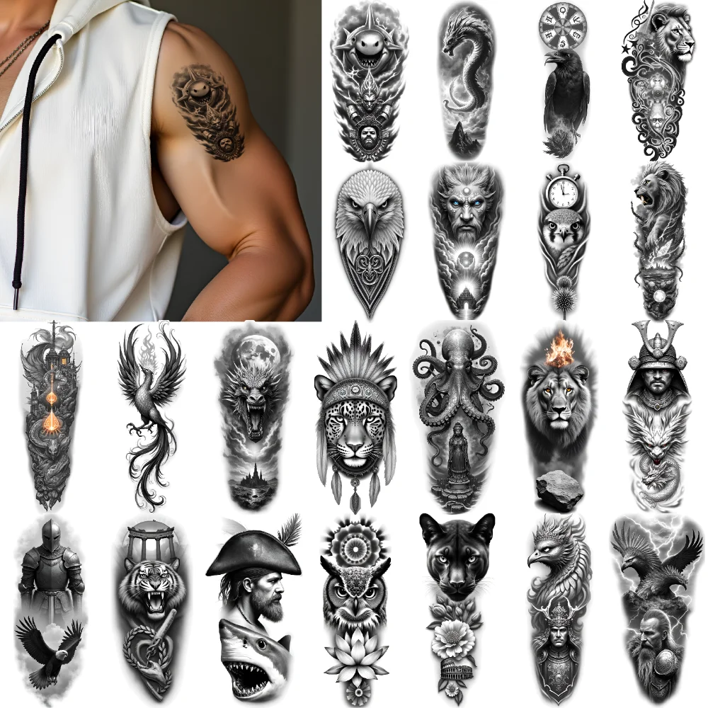 

12pcs Temporary Tattoo Skeleton Mask Black And Grey Realism Bearded Man And Orb Lion With Flame Realistic Temporary Tattoos For
