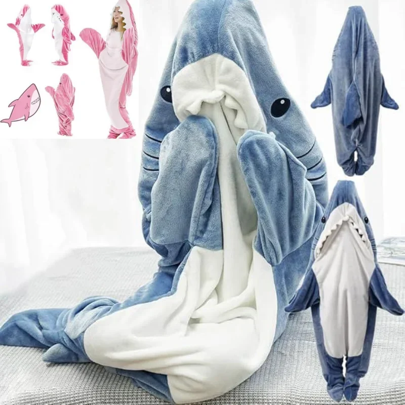 الكبار Homewear الكرتون القرش زوجين كيس النوم بيجامة مضحك القرش بطانية مقنعين الدافئة الفانيلا مضحك Homewear القرش نيسيي