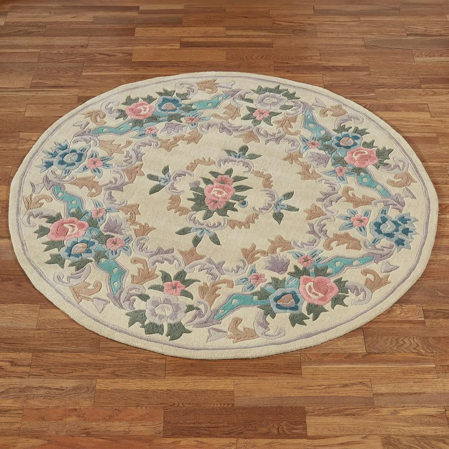 Round Area Rug | 5 feet 9 inches | Neutral Ivory | Handcarved, Thick Pure Wool Circle Area Rug with Flowers and Scrollwork