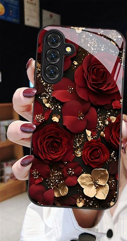 Red rose flower pattern electroplated glass phone case for Samsung Galaxy S26 S25 S24 S23 S22 S20 FE/Ultra/Plus anti drop Cover