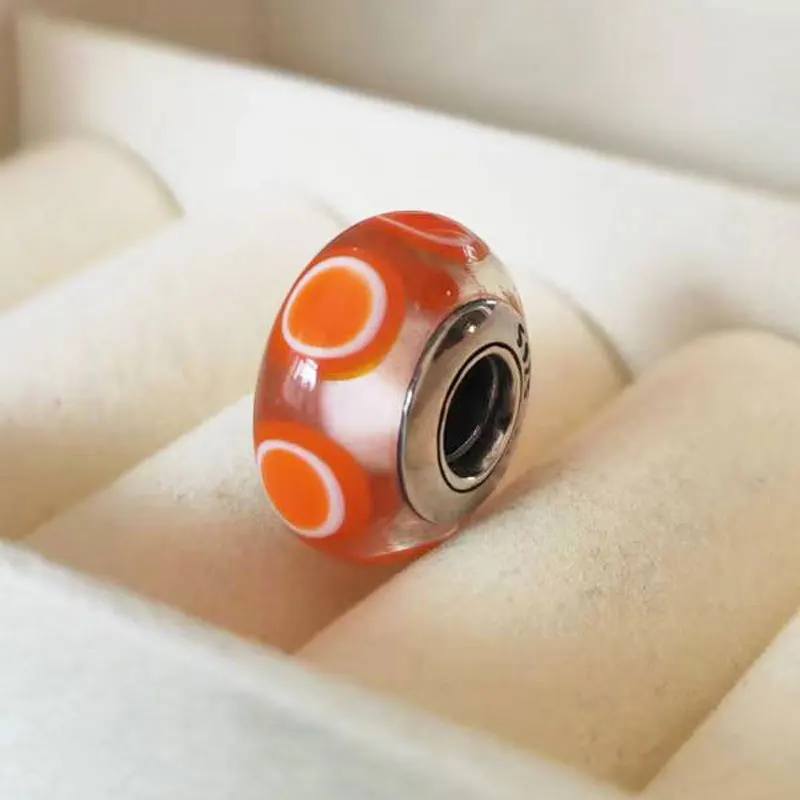 

925 Sterling Silver Orange Circles Murano Glass Charm Bead For European DIY Jewelry Bracelet